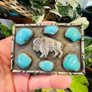 Vintage Navajo Sterling Silver Turquoise Bison Belt Buckle